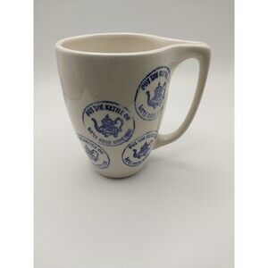 Vintage Just Mugs White Ceramic Tea Cup Blue Stamp Teapot Ergonomic Handle EUC